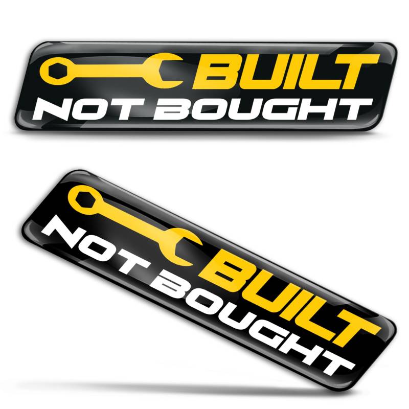 SkinoEu 2 x Aufkleber 3D Gel Silikon Stickers Autoaufkleber Auto Motorrad Fahrrad Helm, Abzeichen Emblem Built Not Bought Schwarz Gelb Weiß KS 154 von SkinoEu