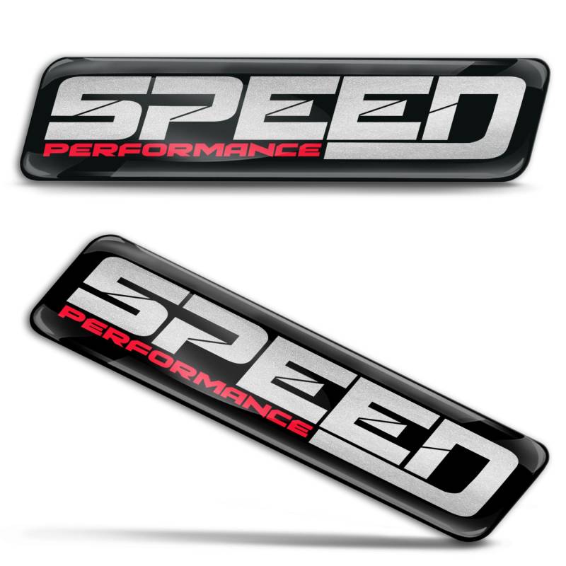 SkinoEu 2 x Aufkleber 3D Gel Silikon Stickers Autoaufkleber Auto Motorrad Fahrrad Helm, Abzeichen Emblem Speed Performance Schwarz Rot Silber KS 180 von SkinoEu