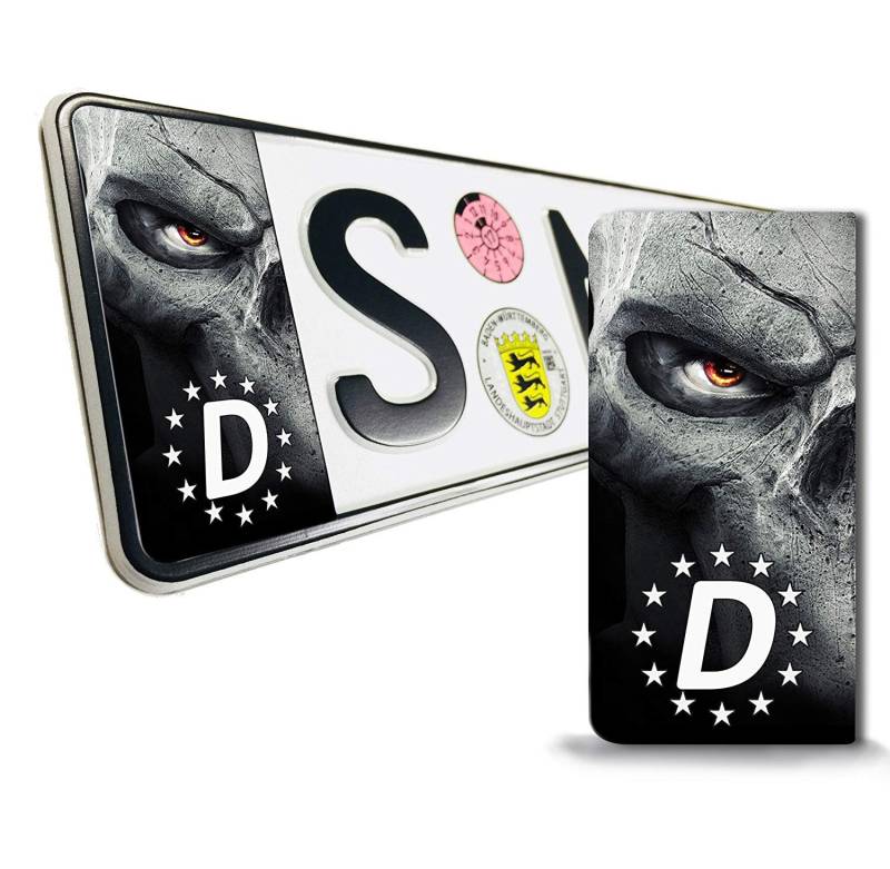 SkinoEu 2 x Vinyl Aufkleber Nummernschild Kennzeichen JDM Stickers Tuning Auto Motorrad Schädel Totenkopf EU QV 12 Z* von SkinoEu