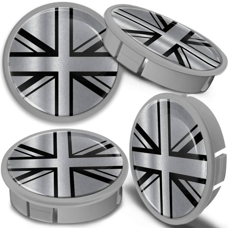 SkinoEu 4 x 60mm Silber Schwarz UK Union Jack Flagge Fahne Alufelgen Nabenkappen Felgen Kappen Felgendeckel Radkappen Radnabendeckel Nabendeckel Felgenkappen Radnabendeckung CXS 9 von SkinoEu