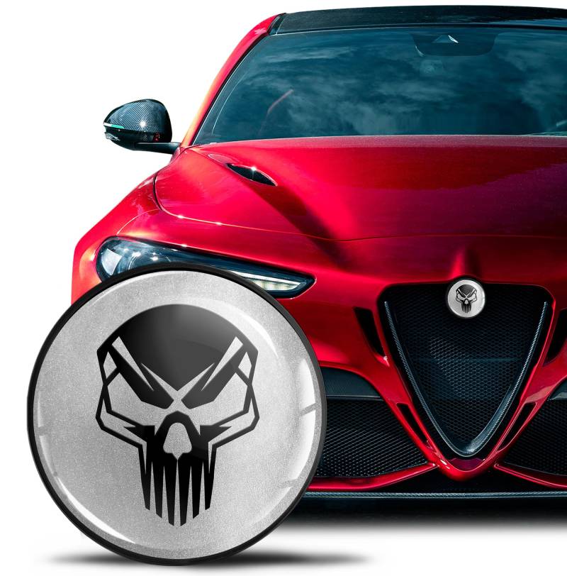 SkinoEu Kompatibel mit Alfa Romeo Emblem Plakette Motorhaube/Kofferraum 74mm für Giulietta 940 MiTo 156 147 159 GT Brera Spider 939 Silber Schwarz Schädel EA 26 von SkinoEu