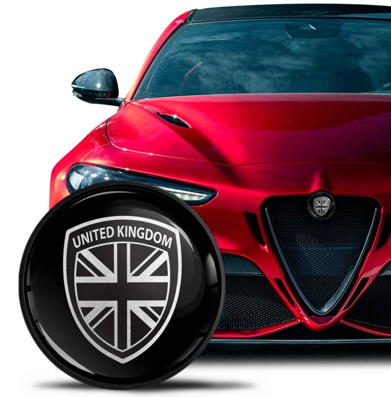 SkinoEu Kompatibel mit Alfa Romeo Emblem Plakette Motorhaube/Kofferraum 74mm für Giulietta 940 MiTo 156 147 159 GT Brera Spider 939 UK Vereinigtes Königreich Britische Flagge Schwarz Silber EA 27 von SkinoEu