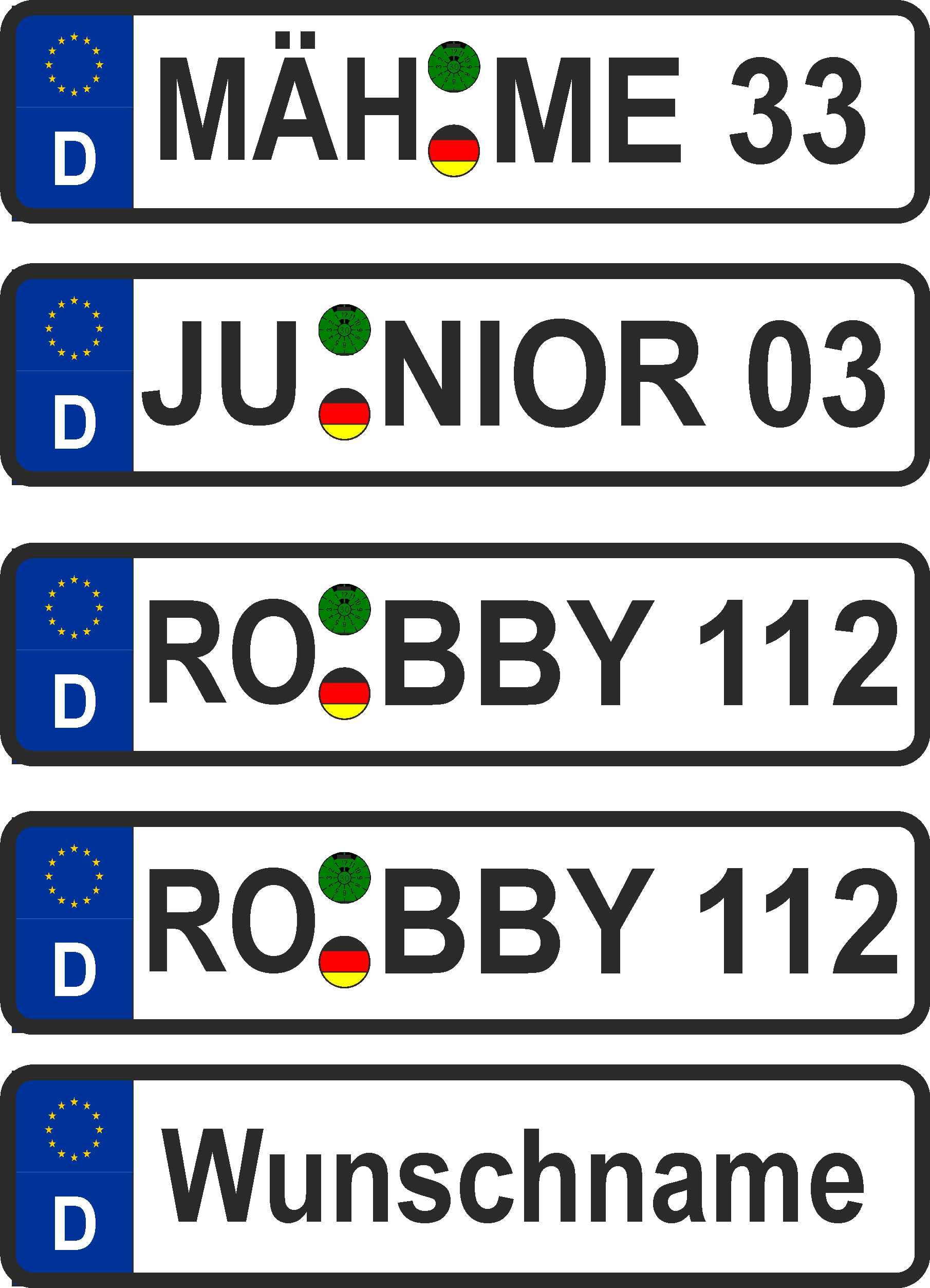Skins4u Wunsch Kennzeichen Nummernschild Aufkleber Mähroboter, Saugroboter, Wischroboter, Kettcar, Roller personalisiert mit Deinem Wunschnamen individuell gestalten (2 Stück) von Skins4u