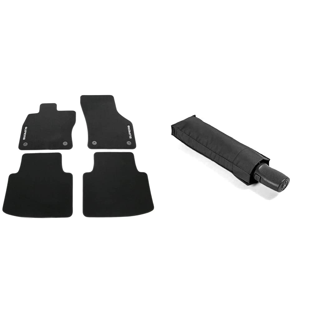 Skoda 3V1061404B Textil Fußmatten 4X Stoffmatten schwarz mit SUPERB Schriftzug & 000087600G9B9 Regenschirm Schirm schwarz von Skoda