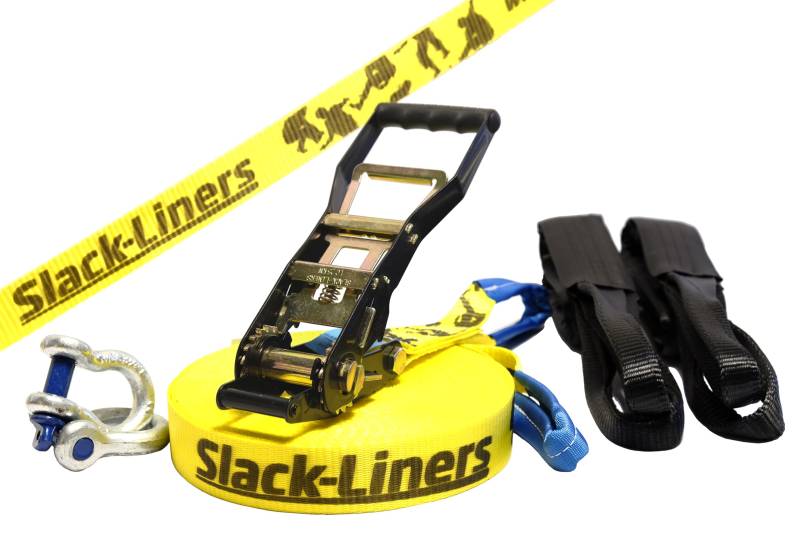 Slack-Liners 6 Teiliges Slackline-Set GELB - 50mm breit, 15m lang - mit Langhebelratsche Made in Germany von Slack-Liners