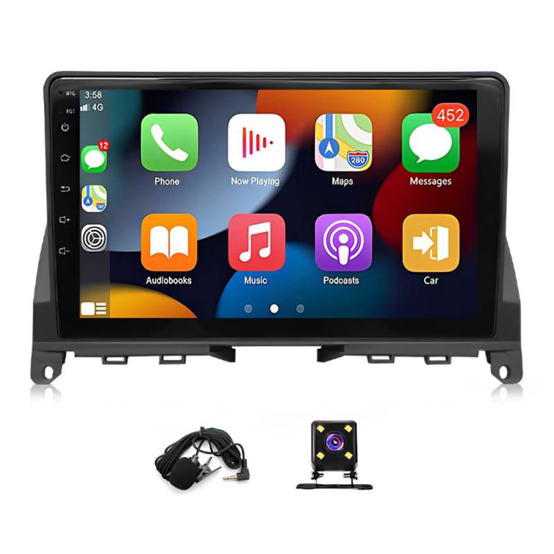 Slakerbe Android 13 Autoradio 2 Din mit Carplay Android Auto kompatibel mit Benz C-Class W204 S204 2007-2010, 2G+32G 9 Zoll Auto Radio Stereo mit Bluetooth Navi WiFi FM RDS Rückfahrkamera Mic von Slakerbe