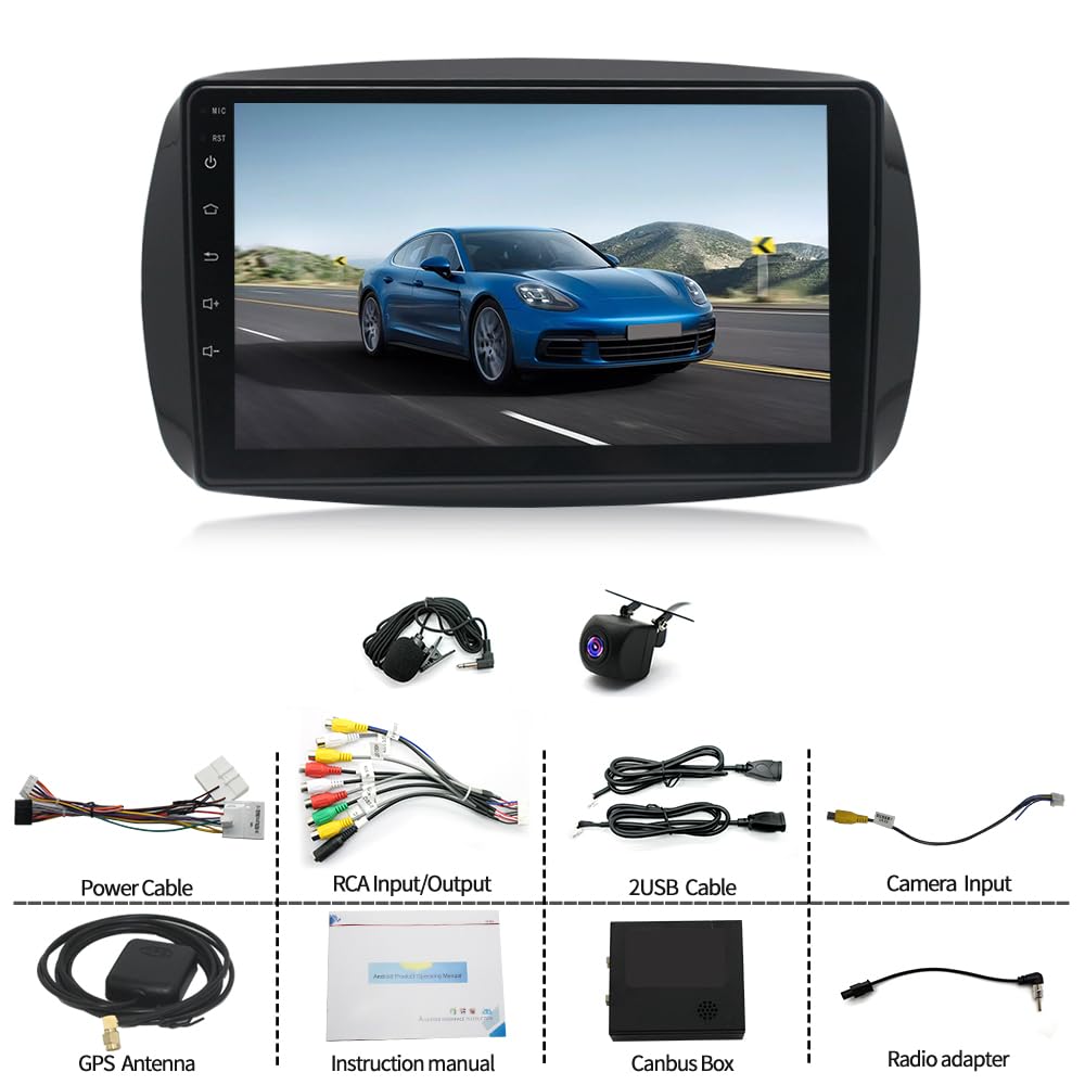 Slakerbe Android 13 Autoradio 2 Din mit Carplay Android Auto kompatibel mit Benz Smart 2014-2022, 2G+32G 9 Zoll Auto Radio Stereo mit Bluetooth Navi WiFi FM RDS Rückfahrkamera Mic von Slakerbe