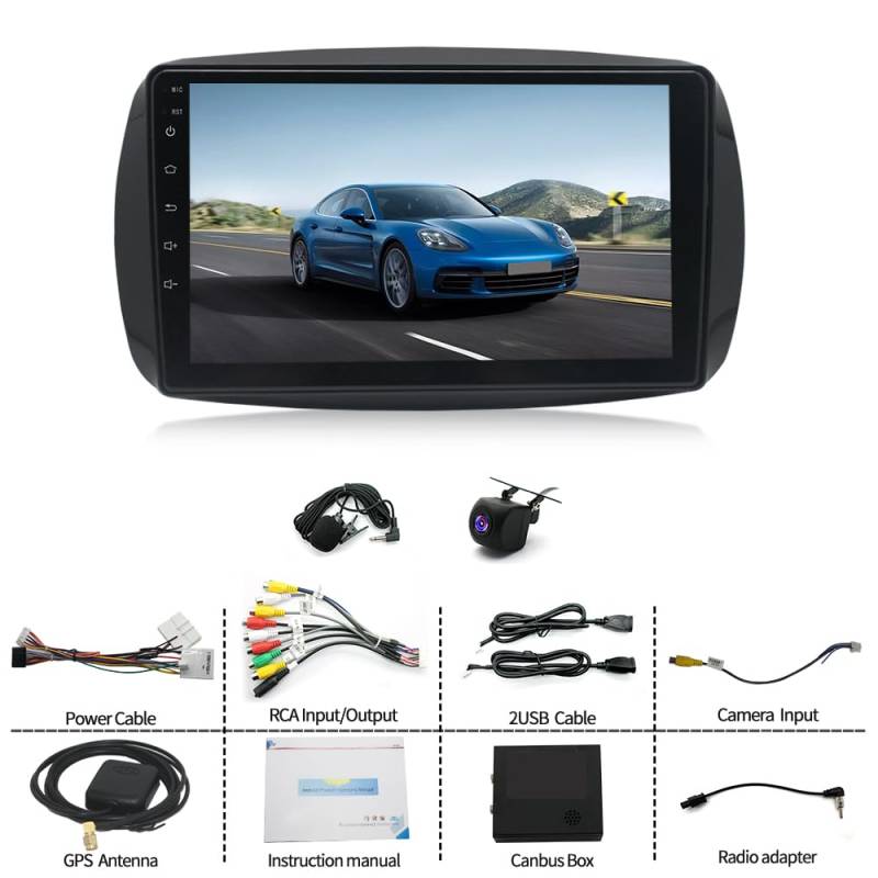 Slakerbe Android 13 Autoradio 2 Din mit Carplay Android Auto kompatibel mit Benz Smart 2014-2022, 2G+32G 9 Zoll Auto Radio Stereo mit Bluetooth Navi WiFi FM RDS Rückfahrkamera Mic von Slakerbe
