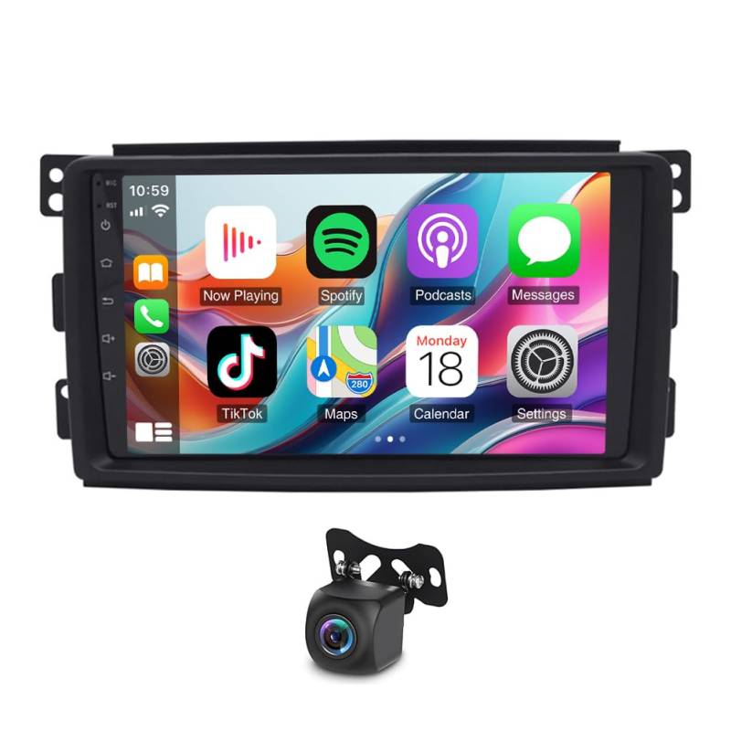 Slakerbe Android 13 Autoradio 2 Din mit Carplay Android Auto kompatibel mit Benz Smart Fortwo 2005-2010, 2G+32G 9 Zoll Auto Radio Stereo mit Bluetooth Navi WiFi FM RDS Rückfahrkamera Mic von Slakerbe