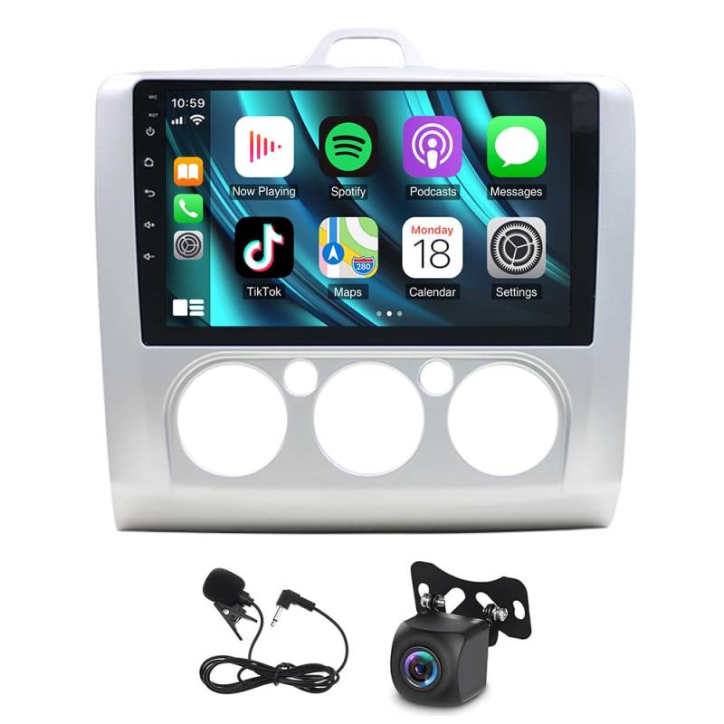 Slakerbe Android 13 Autoradio 2 Din mit Carplay Android Auto kompatibel mit Ford Focus MK2 MK II 2004-2011, 2G+32G 9 Zoll Auto Radio Stereo mit Bluetooth Navi WiFi FM RDS Rückfahrkamera Mic von Slakerbe
