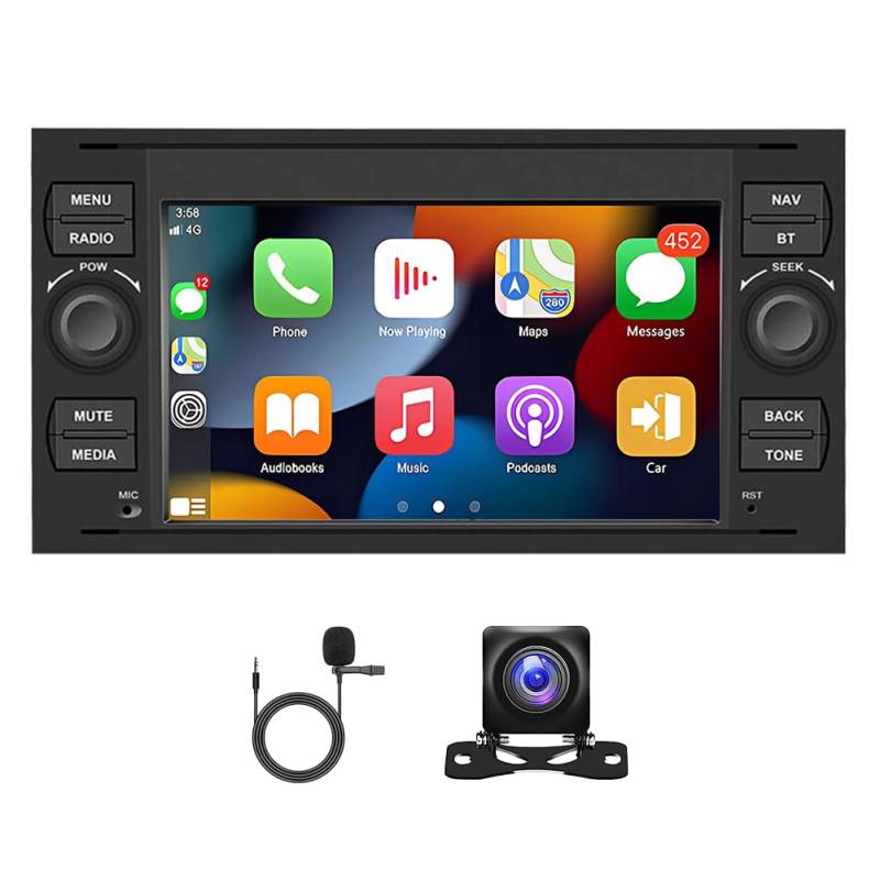 Slakerbe Android 13 Autoradio 2 Din mit Carplay Android Auto kompatibel mit Ford Transit Fiesta Focus Galaxy Mondeo Kuga C-Max, 4G+64G 7 Zoll Auto Stereo mit Bluetooth WiFi FM RDS Rückfahrkamera Mic von Slakerbe