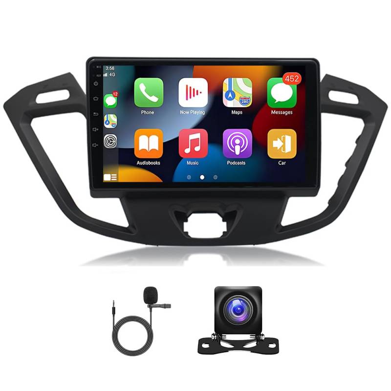 Slakerbe Android 13 Autoradio 2 Din mit Carplay Android Auto kompatibel mit Ford Transit Tourneo Custom 2013-2018, 4G+64G 9 Zoll Auto Radio Stereo mit Bluetooth Navi WiFi FM RDS Rückfahrkamera Mic von Slakerbe