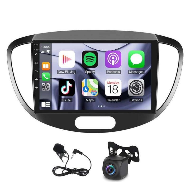 Slakerbe Android 13 Autoradio 2 Din mit Carplay Android Auto kompatibel mit Hyundai i10 2007-2013, 2G+32G 9 Zoll Auto Radio Stereo mit Bluetooth Navi WiFi FM RDS Rückfahrkamera Mic von Slakerbe