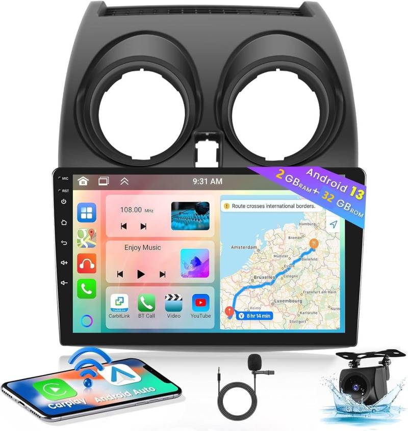 Slakerbe Android 13 Autoradio 2 Din mit Carplay Android Auto kompatibel mit Nissan Qashqai J10 2007-2016, 2G+32G 9 Zoll Auto Radio Stereo mit Bluetooth Navi WiFi FM RDS Rückfahrkamera Mic von Slakerbe