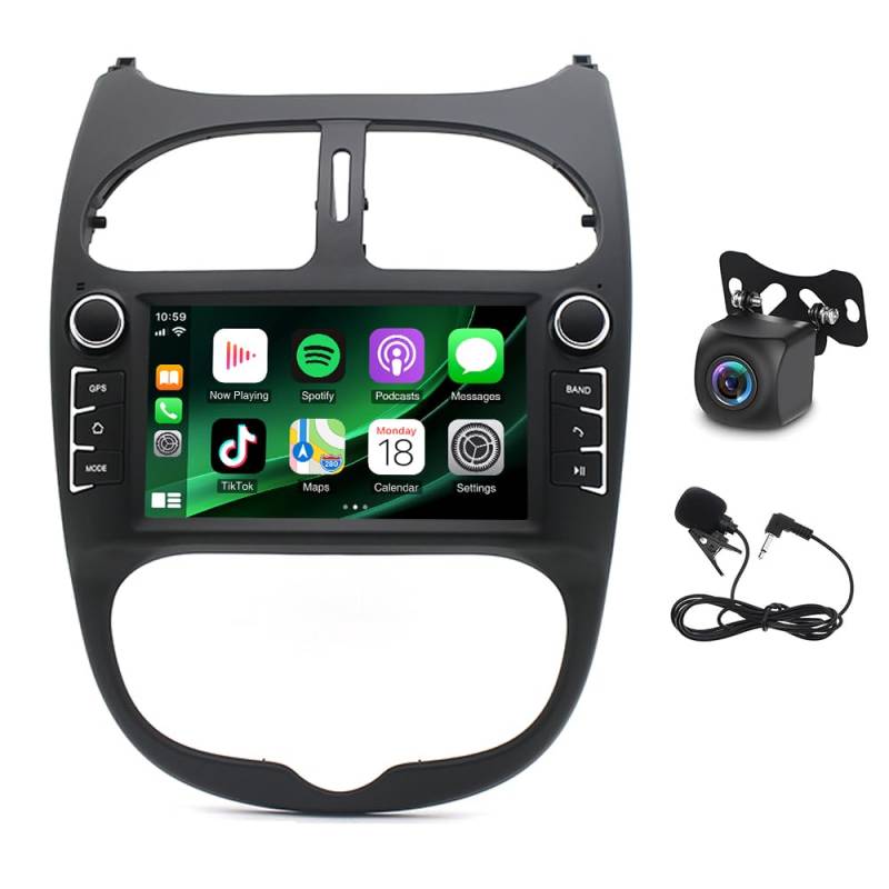 Slakerbe Android 13 Autoradio 2 Din mit Carplay Android Auto kompatibel mit Peugeot 206 206CC 206SW 2000-2008, 2G+32G 7 Zoll Auto Radio Stereo mit Bluetooth Navi WiFi FM RDS Rückfahrkamera Mic von Slakerbe