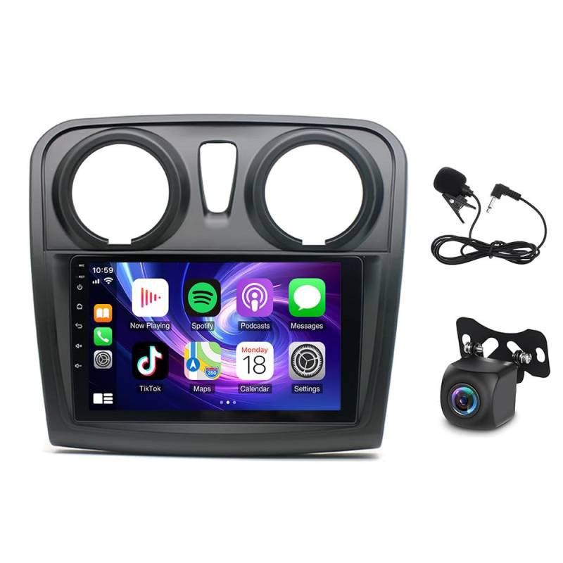 Slakerbe Android 13 Autoradio 2 Din mit Carplay Android Auto kompatibel mit Renault Dacia Logan 2 Sandero 2012-2017, 2G+32G 9 Zoll Auto Radio Stereo mit Bluetooth Navi WiFi FM RDS Rückfahrkamera Mic von Slakerbe