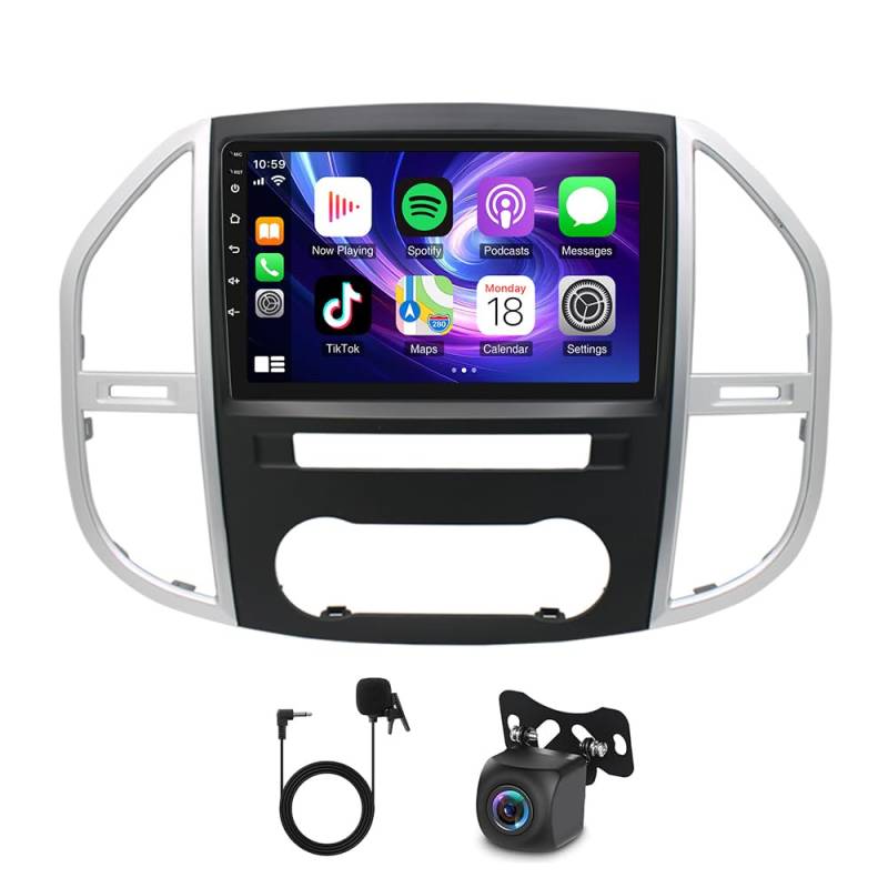 Slakerbe Android 14 Autoradio 2 Din mit Carplay Android Auto kompatibel mit Benz Vito 3 W447 2014-2020, 4G+64G 10 Zoll Auto Radio Stereo mit Bluetooth Navi WiFi FM RDS Rückfahrkamera Mic von Slakerbe