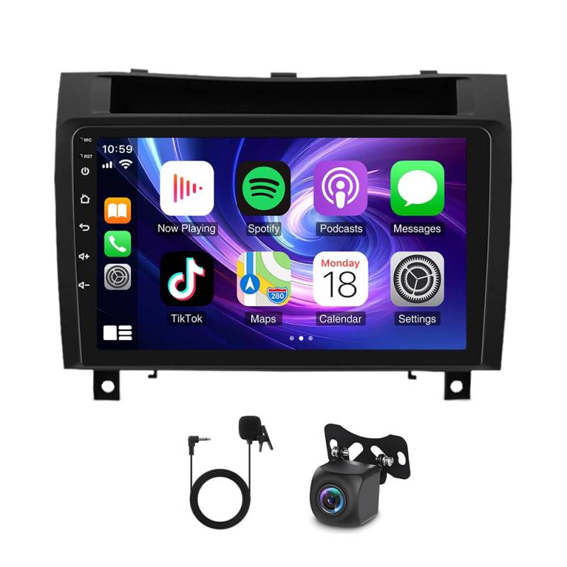 Slakerbe Android 14 Autoradio 2 Din mit Carplay Android Auto kompatibel mit Mercedes SLK R171 W171 2004-2011, 4G+64G 9 Zoll Auto Radio Stereo mit Bluetooth Navi WiFi FM RDS Rückfahrkamera Mic von Slakerbe