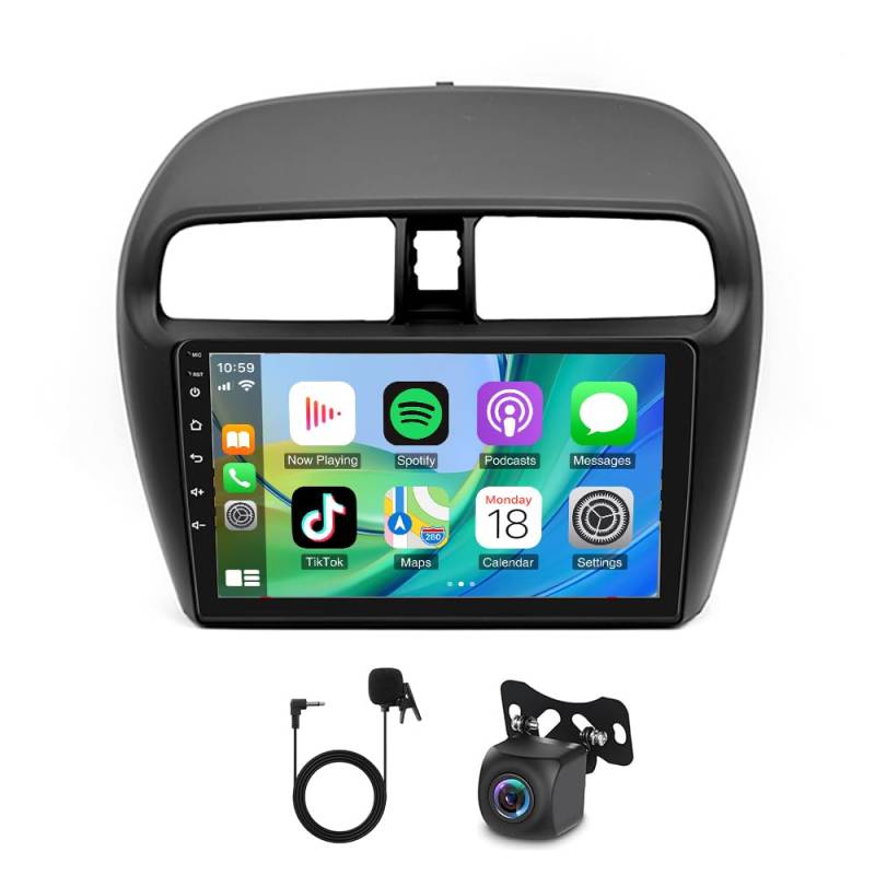 Slakerbe Android 14 Autoradio 2 Din mit Carplay Android Auto kompatibel mit Mitsubishi Mirage Space Star 2012-2023, 4G+64G 9 Zoll Auto Radio Stereo mit Bluetooth Navi WiFi FM RDS Rückfahrkamera Mic von Slakerbe