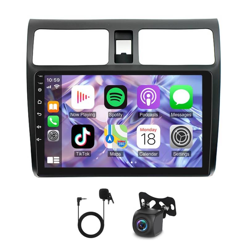 Slakerbe Android 14 Autoradio 2 Din mit Carplay Android Auto kompatibel mit Suzuki Swift 2005-2010, 4G+64G 10 Zoll Auto Radio Stereo mit Bluetooth Navi WiFi FM RDS Rückfahrkamera Mic von Slakerbe
