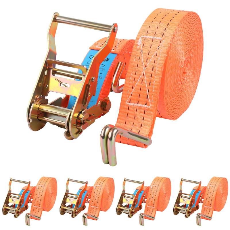 Sleeleece 4 Stück Spanngurte mit Ratsche und Haken - 6m 2000kg 38mm - Ratschen Set - Ratschengurt 2 Teilig - Zurrgurt Orange - 2000 daN 2t - TÜV/GS Geprüft von Sleeleece