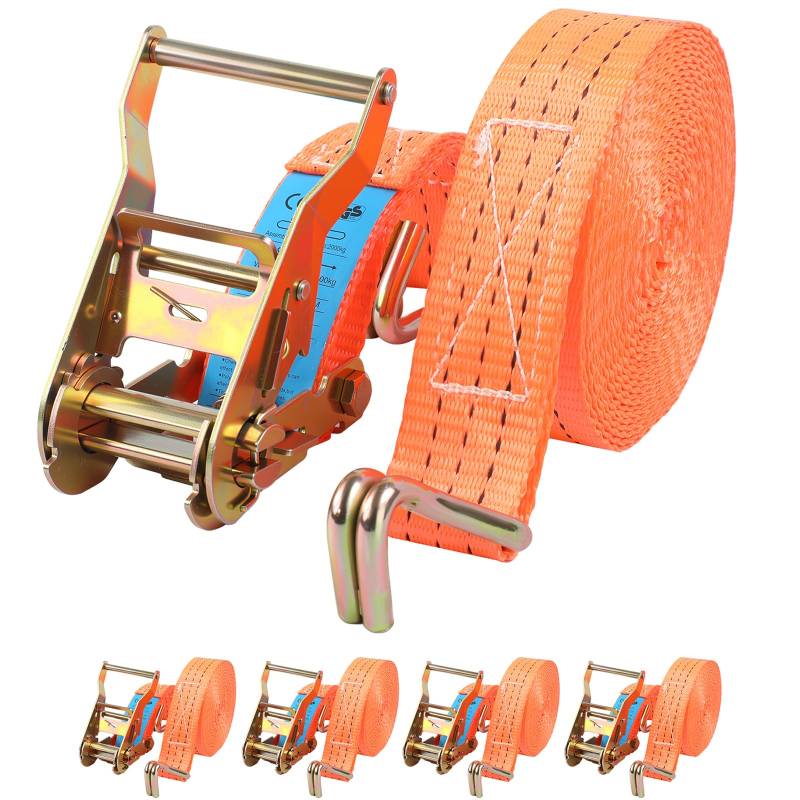 Sleeleece Spanngurte mit Ratsche und Haken - 6m 3000kg 40mm - 4 Stück - Ratschen Set - Ratschengurt 2-Teilig - Zurrgurt Orange - TÜV GS Geprüft und gemäß DIN EN 12195-2 von Sleeleece
