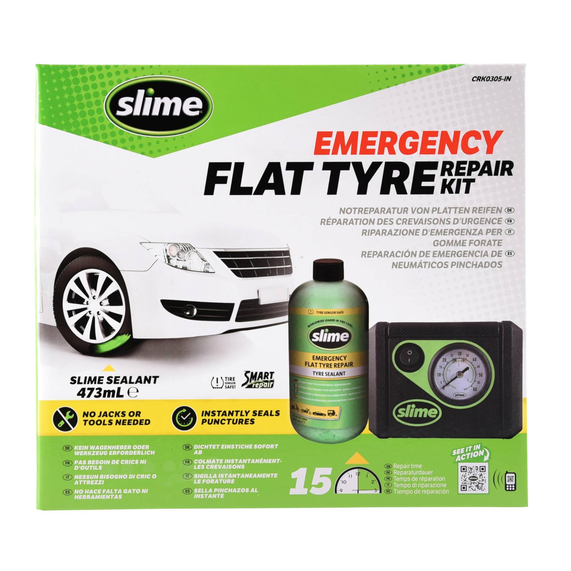 Slime CRK0305-IN Flache Reifenreparatur, Smarte, Autoreifen-Notfallausrüstung, enthält Dichtmittel und Reifenkompressor, Geeignet für Autos und andere Autobahn-Fahrzeuge, 15 Min Reparatur von Slime