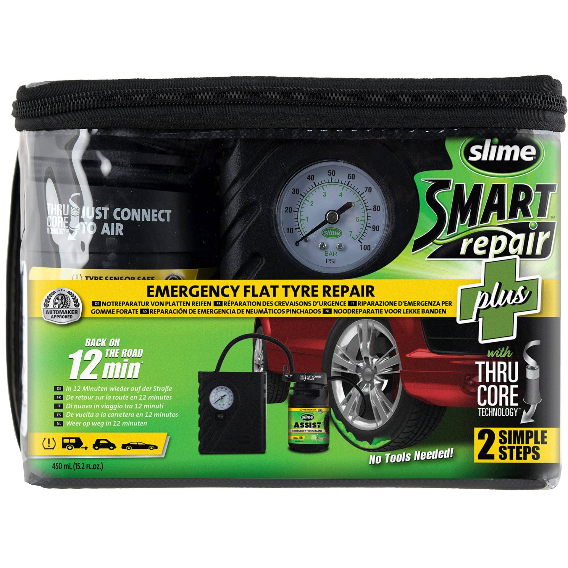 Slime 50138-51 Reifenpannen-Reparatur, Smart Repair Plus, Autoreifen-Notfallausrüstung, enthält Dichtmittel, geeignet für Autos und sonstige Autobahn-Fahrzeuge, Reparatur in 12 Min von Slime