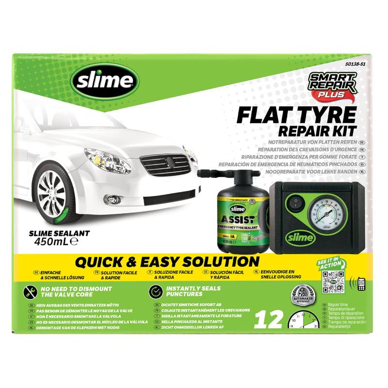 Slime 50138-51 Flat Tyre Puncture Repair, Smart Repair Plus, Emergency Kit for Car Yyres, Includes Sealant and Tyre Inflator Pump, Suitable for Cars and Other Highway Vehicles, 12 Min Fix von Slime