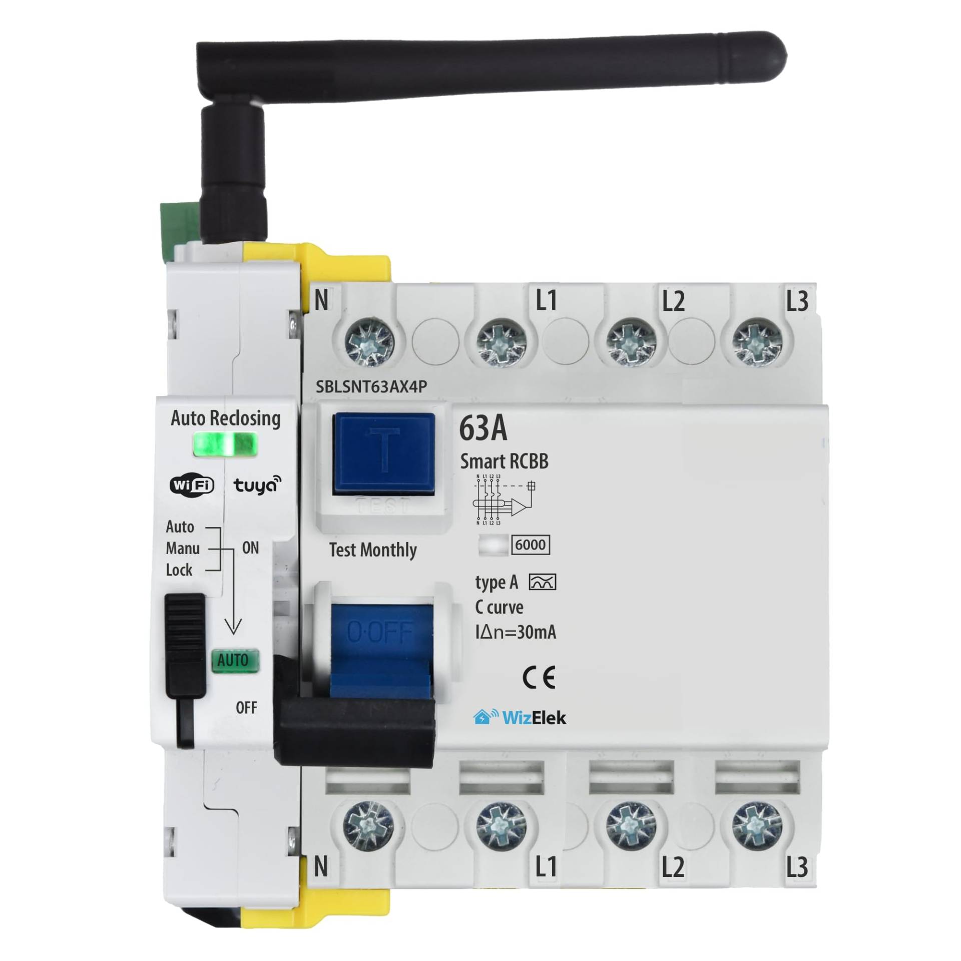 Dreiphasiger FI-Schutzschalter 30mA Typ A & AC 63A 42kW - Automatisches Wiedereinschalten - Manuelle Steuerung und ON/OFF Zeit-/Tagesprogrammierung via Tuya Wi-Fi App - RCCB-zertifiziert EN 61008-1 von Smart-Home