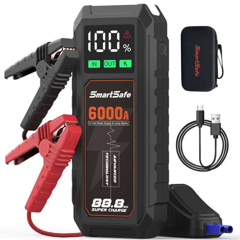6000A Tragbare Starthilfe, 24000mAh Starthilfe Batterie für Dieselmotoren bis zu 10.0L und 8.0L, 12V Akku-Ladegerät mit USB-Anschlüssen, 3 Beleuchtungsspeichermodi von SmartSafe