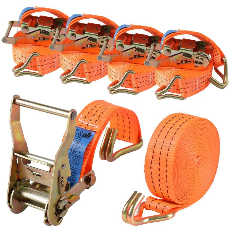 Snewvie 4 Stück 3000kg 6m Spanngurte mit Ratsche 3 teilig zweiteilig mit Haken Ratschengurt Zurrgurte orange 40mm 3T Industrie von Snewvie