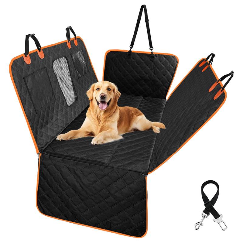 Snrtevu Auto-Hundematte Mit Hartem Boden FüR Perfekte StabilitäT, Hundedecke Auto RüCkbank Mit Harter Unterseite, Wasserdicht Kratzfest, Mit 2 Sicherheitsgurt, FüR Meisten Autos (Schwarz und Orange) von Snrtevu