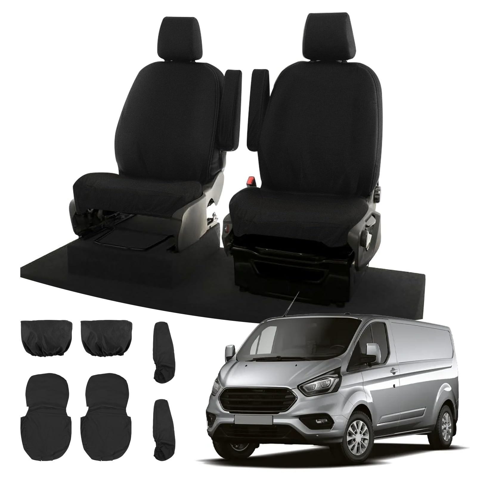 Soekodu Sitzbezüge kompatibel mit Ford Transit Custom 2013-2022 (2 Sitzer), 6er-Set Wasserdichter Vordersitzschutz Schwarze Passform Set für Vorderfahrer und Einzelpassagierset von Soekodu