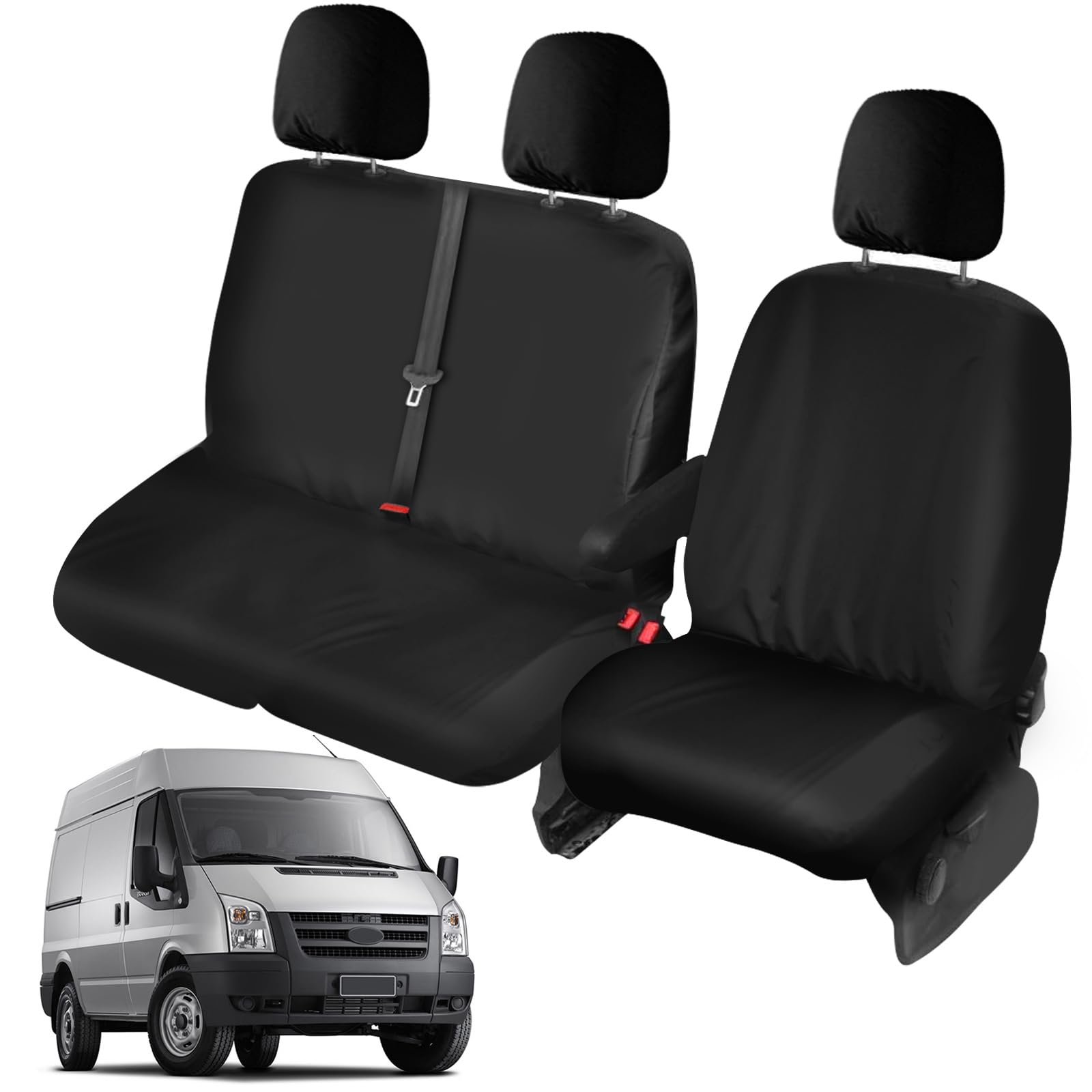 Soekodu Sitzbezüge kompatibel mit Ford Transit Van MK7 2007-2013 (3 Sitzer), 6er-Set Wasserdichter Vordersitzschutz Schwarze Passform für Vorderfahrer und Doppelpassagier Set von Soekodu