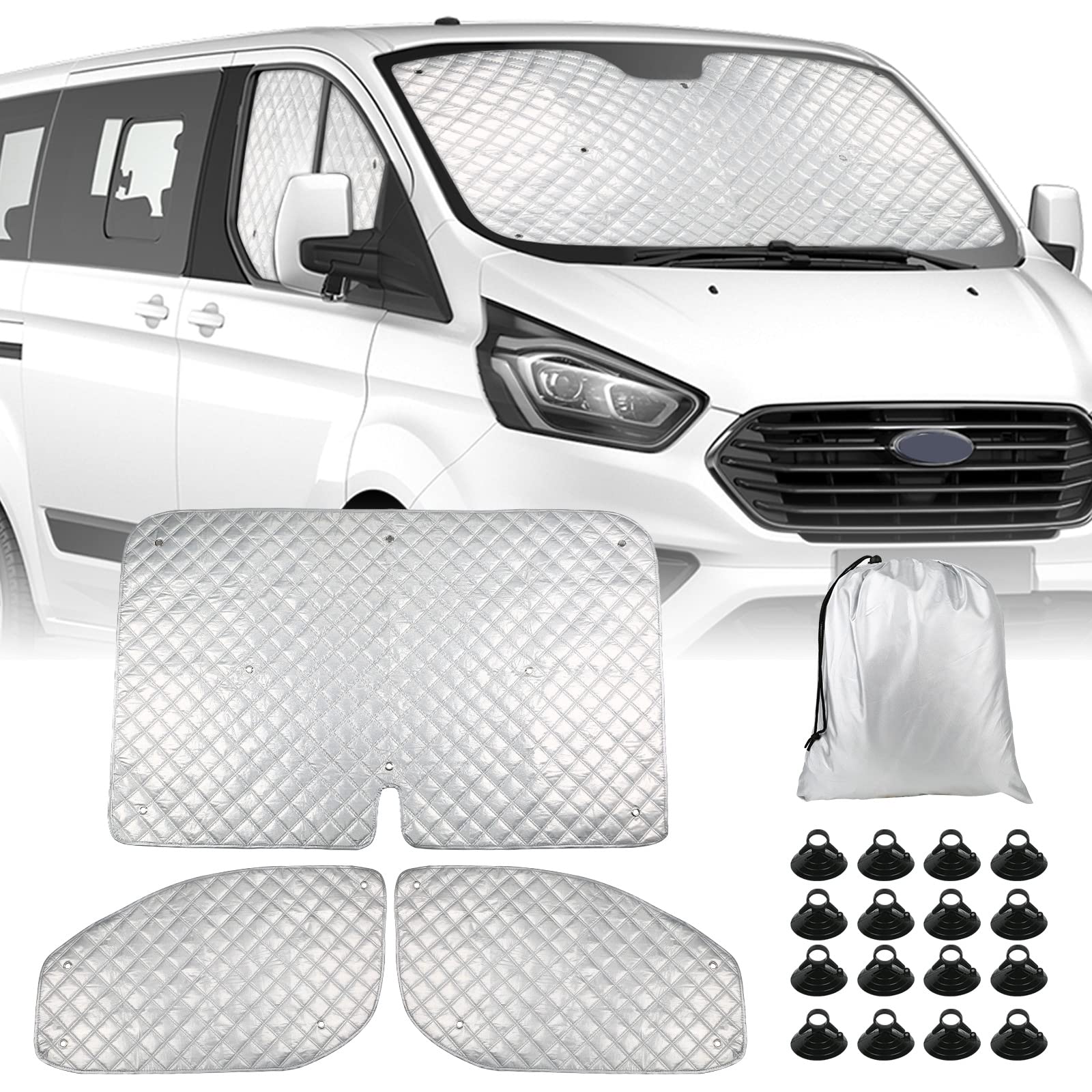 Sonnenschutz Auto Frontscheibe Ersatz für Ford Transit Custom, 3PCS Sonnenschutz Windschutzscheiben Schutz Set, Internes Thermomatte Set mit Aufbewahrungstasche, 100% Okklusion von Soekodu