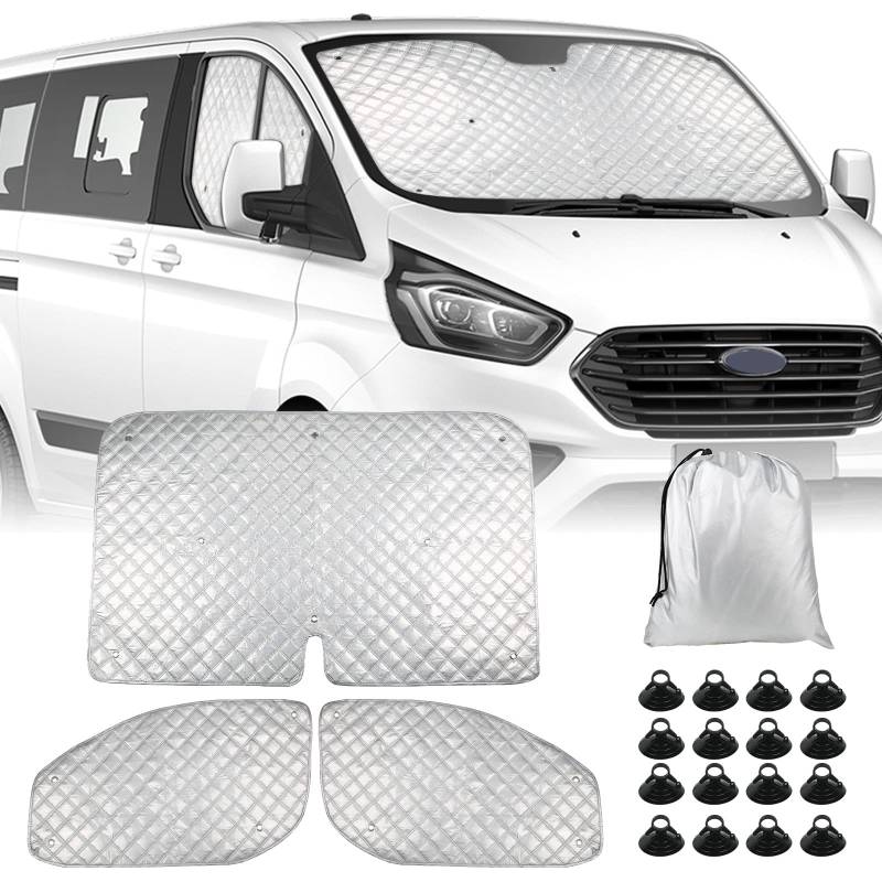 Sonnenschutz Auto Frontscheibe Ersatz für Ford Transit Custom 2012-2022, 3PCS Sonnenschutz Windschutzscheiben Schutz Set, Internes Thermomatte Set mit Aufbewahrungstasche, 100% Okklusion von Soekodu