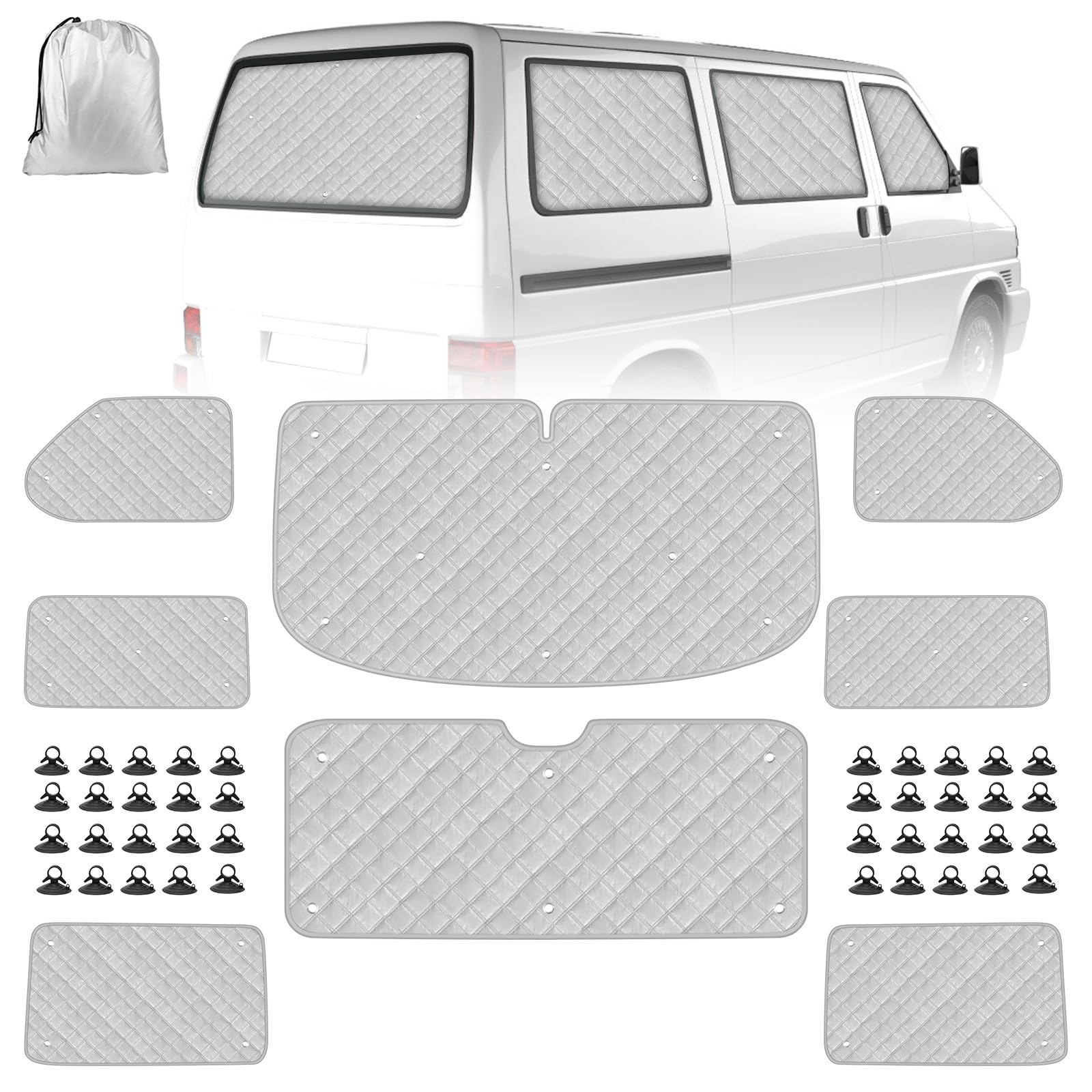 Sonnenschutz Auto Frontscheibe Ersatz für VW T4 SWB, 8PCS Sonnenschutz Windschutzscheiben Schutz Set, Internes Thermisches Jalousie Fenster Set mit Aufbewahrungstasche, 100% Okklusion (8PCS-SWB) von Soekodu