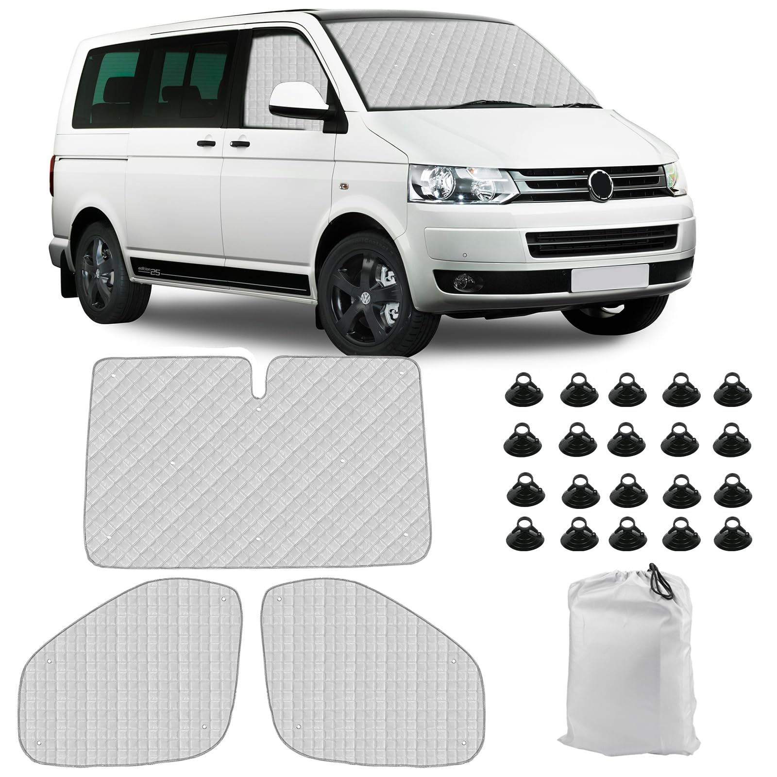 Sonnenschutz Auto Frontscheibe Ersatz für VW T5 T6, 3PCS Sonnenschutz Windschutzscheiben Schutz Set, Internes Thermomatte Set mit Aufbewahrungstasche, 100% Okklusion von Soekodu