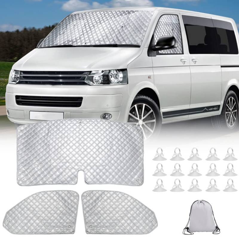Sonnenschutz Auto Frontscheibe Ersatz für VW T5 T6, 3PCS Sonnenschutz Windschutzscheiben Schutz Set, Internes Thermomatte Set mit Aufbewahrungstasche, Nicht 100% Okklusion von Soekodu