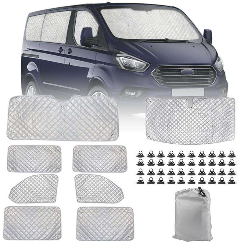 Wohnmobil Windschutzscheibe Sonnenschutz Ersatz für Ford Transit Custom LWB 2012-2022, 8 Teiliger Sonnenschutz für Frontscheibe, Internes Thermorollo Set mit Aufbewahrungstasche (8PCS-LWB) von Soekodu