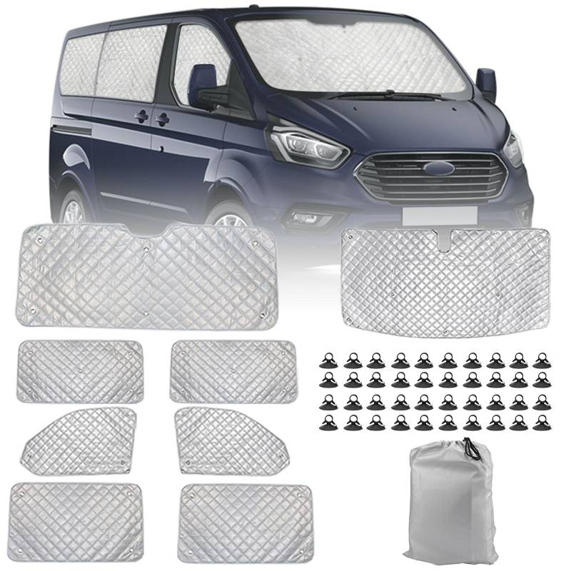 Wohnmobil Windschutzscheibe Sonnenschutz kompatibel mit Ford Transit Custom LWB 2012–2022, 8 Teiliger Sonnenschutz für Frontscheibe, Internes Thermorollo Set mit Aufbewahrungstasche (8PCS-LWB) von Soekodu