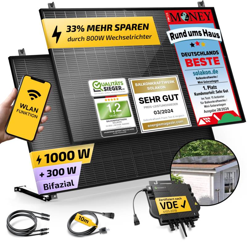 Solakon® 1000W Balkonkraftwerk mit Halterung (Gartenhaus) - 800W komplett Steckdose - neuester 800 Watt Wechselrichter - Solaranlage Komplettset - 500W bifaziale Solarmodule inkl. Zubehör von Solakon