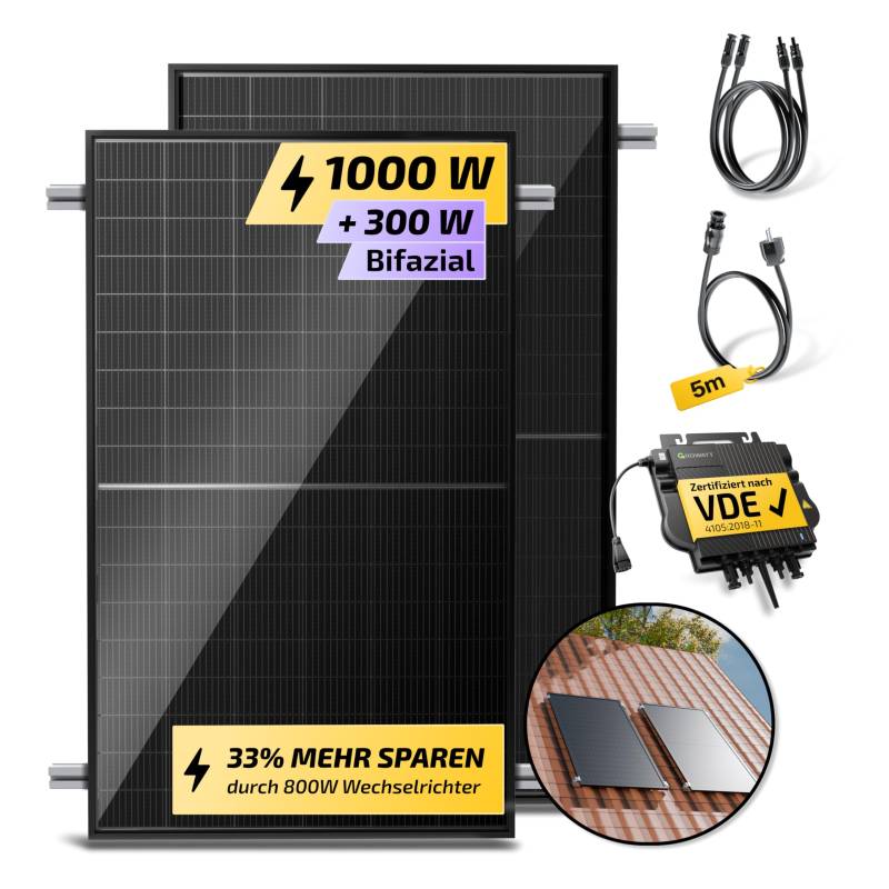 Solakon® 1000W Balkonkraftwerk mit Halterung (Ziegeldach, Einzelmontage) - 800W komplett Steckdose - neuester 800W Wechselrichter - Solaranlage Komplettset - 500W bifaziale Solarmodule inkl. Zubehör von Solakon