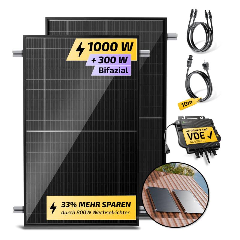 Solakon® 1000W Balkonkraftwerk mit Halterung (Ziegeldach, Einzelmontage) - 800W komplett Steckdose - neuester 800W Wechselrichter - Solaranlage Komplettset - 500W bifaziale Solarmodule inkl. Zubehör von Solakon
