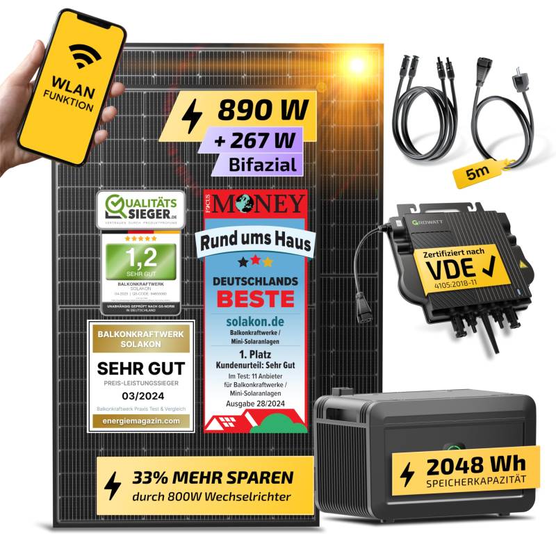 Solakon® 900W Balkonkraftwerk mit Speicher - Balkonkraftwerk 800W komplett Steckdose - neuester 800 Watt Wechselrichter - Growatt NOAH 2000 mit 2 kWh - 450W bifaziale Solarmodule von Solakon