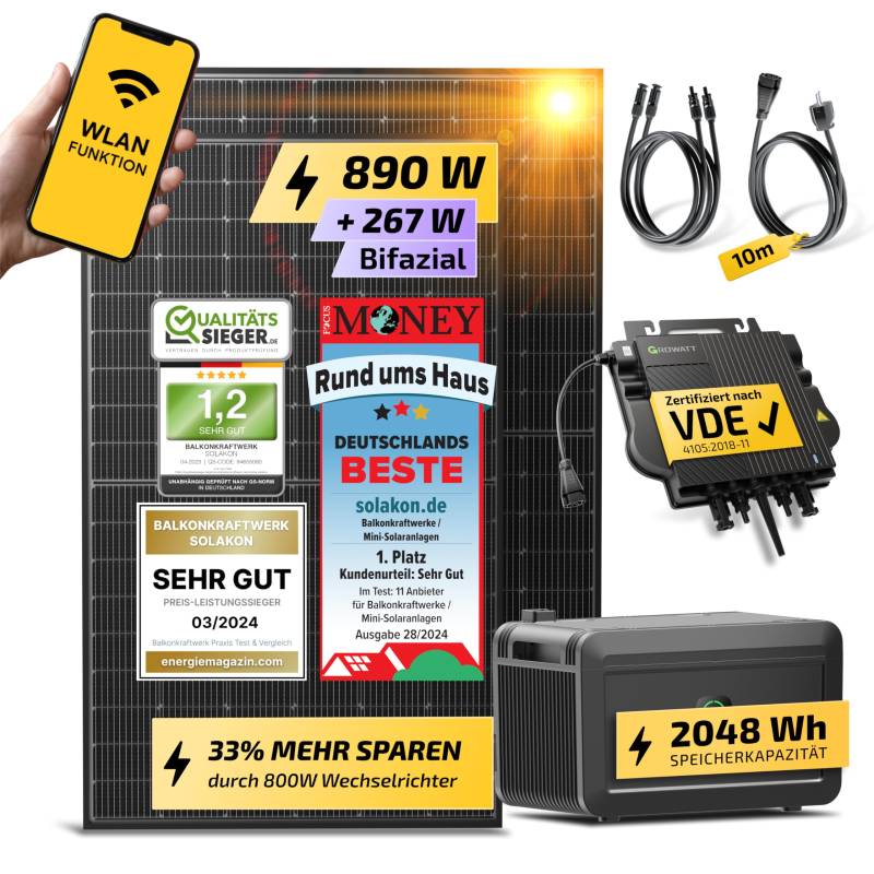 Solakon® 900W Balkonkraftwerk mit Speicher - Balkonkraftwerk 800W komplett Steckdose - neuester 800 Watt Wechselrichter - Growatt NOAH 2000 mit 2kWh - 450W bifaziale Solarmodule von Solakon