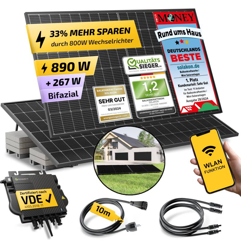 Solakon 900W Balkonkraftwerk mit Halterung (Flachdach) - Balkonkraftwerk 800W komplett Steckdose - 800 Watt Wechselrichter - Solaranlage Komplettset - 450W bifaziale Solarmodule inkl Zubehör 10m Kabel von Solakon