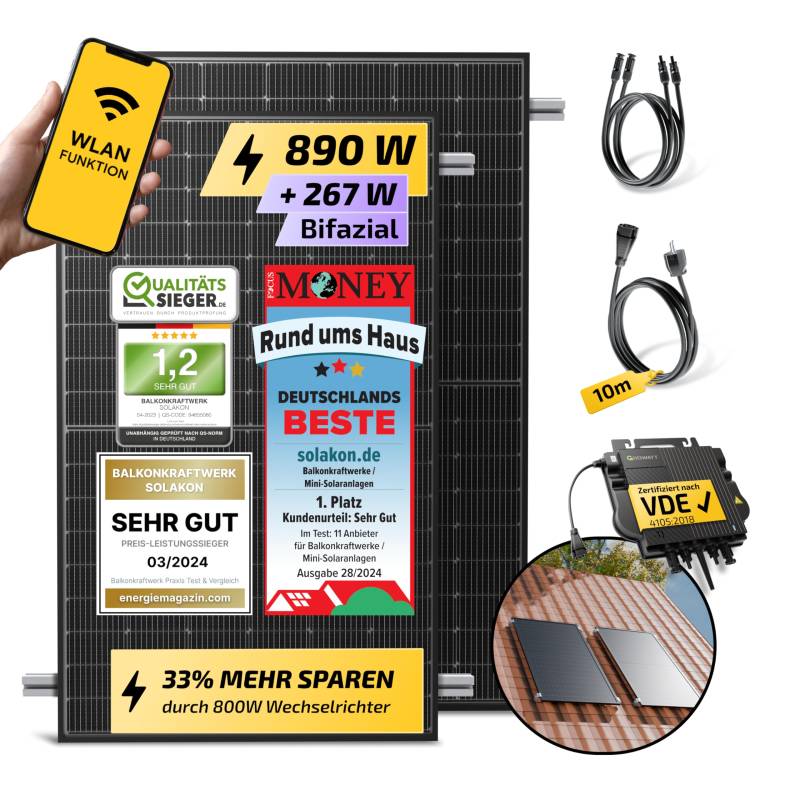 Solakon 900W Balkonkraftwerk mit Halterung (Ziegeldach, Einzelmontage) - 800W komplett Steckdose - 800 Watt Wechselrichter - Solaranlage Komplettset - 450W bifaziale Solarmodule inkl Zubehör - 5m von Solakon