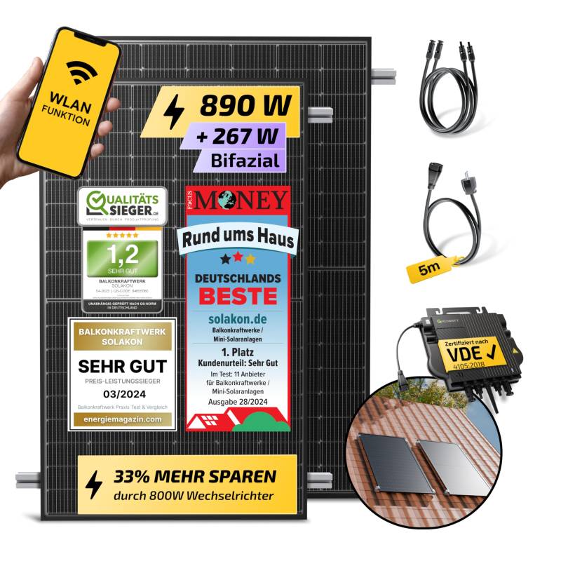 Solakon 900W Balkonkraftwerk mit Halterung (Ziegeldach, Einzelmontage) - 800W komplett Steckdose - 800 Watt Wechselrichter - Solaranlage Komplettset - 450W bifaziale Solarmodule inkl Zubehör - 5m von Solakon